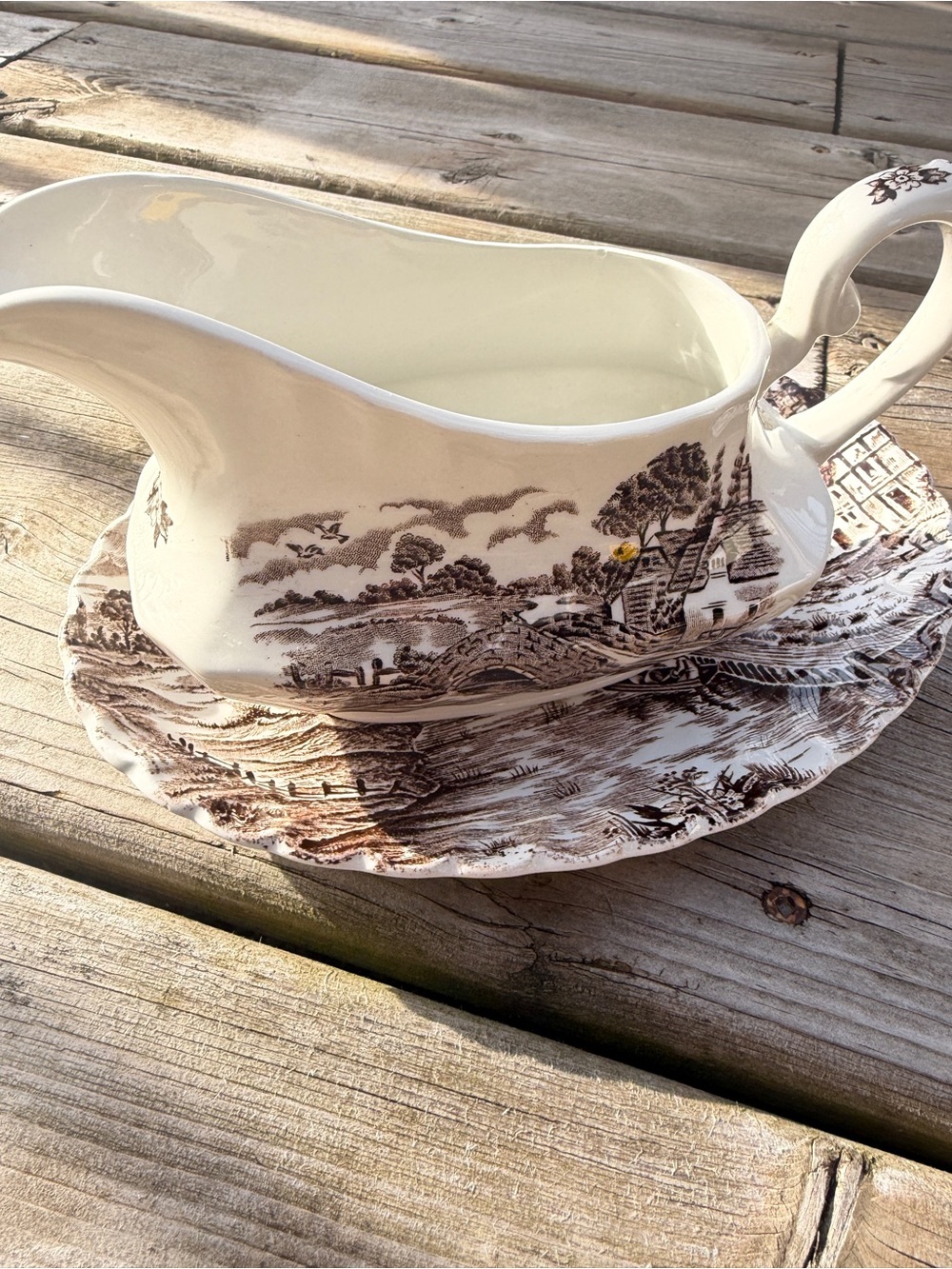 Ridgway Country Days Gravy Boat & Plate Brown Transferware
